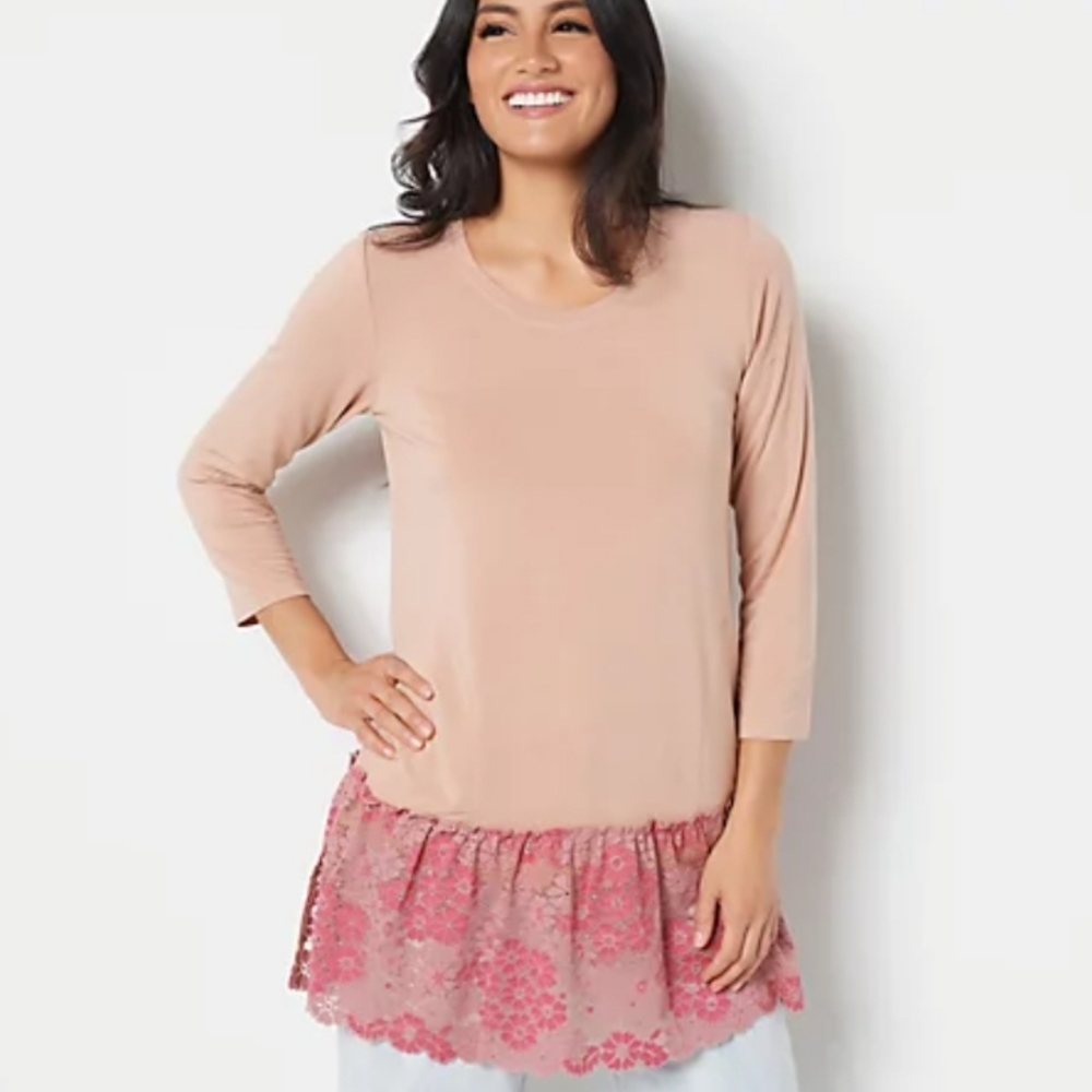 LOGO by Lori Goldstein Rayon 230 3/4 Sleeve Top with Lace Hem